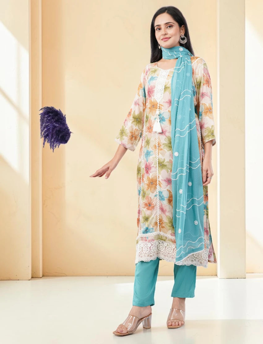 TURQUOISE FLORAL PRINT COTTON SALWAR SUIT SET