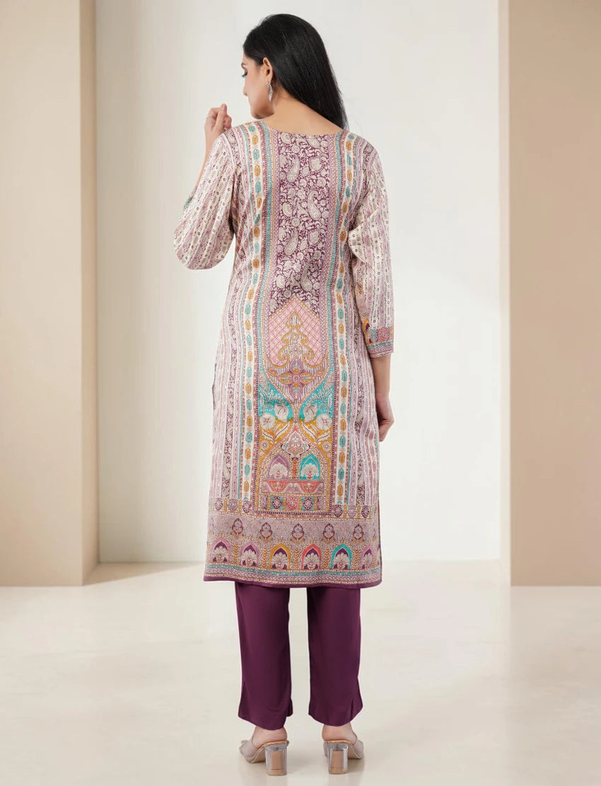 PURPLE PRINTED SILK BLEND SALWAR SUIT SET