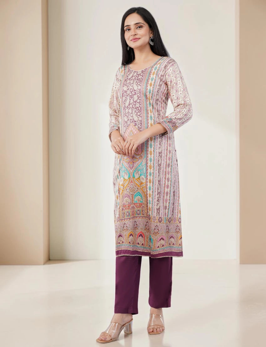 PURPLE PRINTED SILK BLEND SALWAR SUIT SET