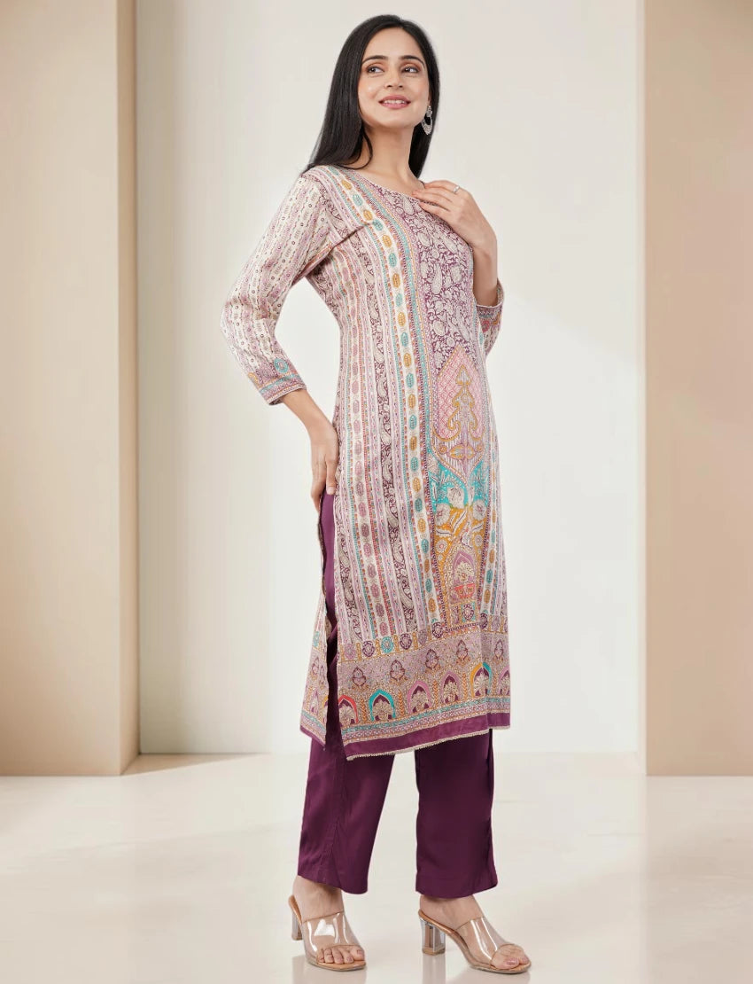 PURPLE PRINTED SILK BLEND SALWAR SUIT SET