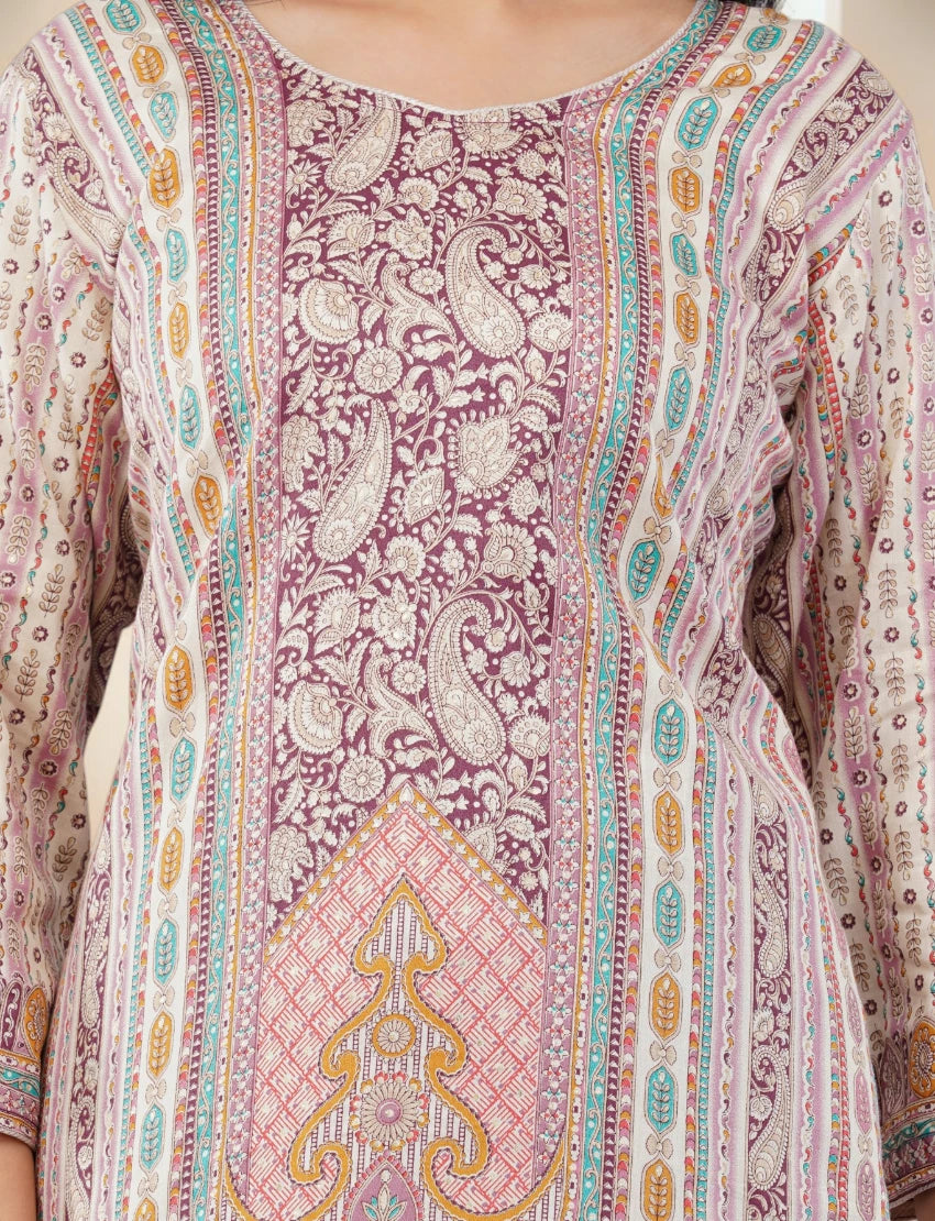 PURPLE PRINTED SILK BLEND SALWAR SUIT SET