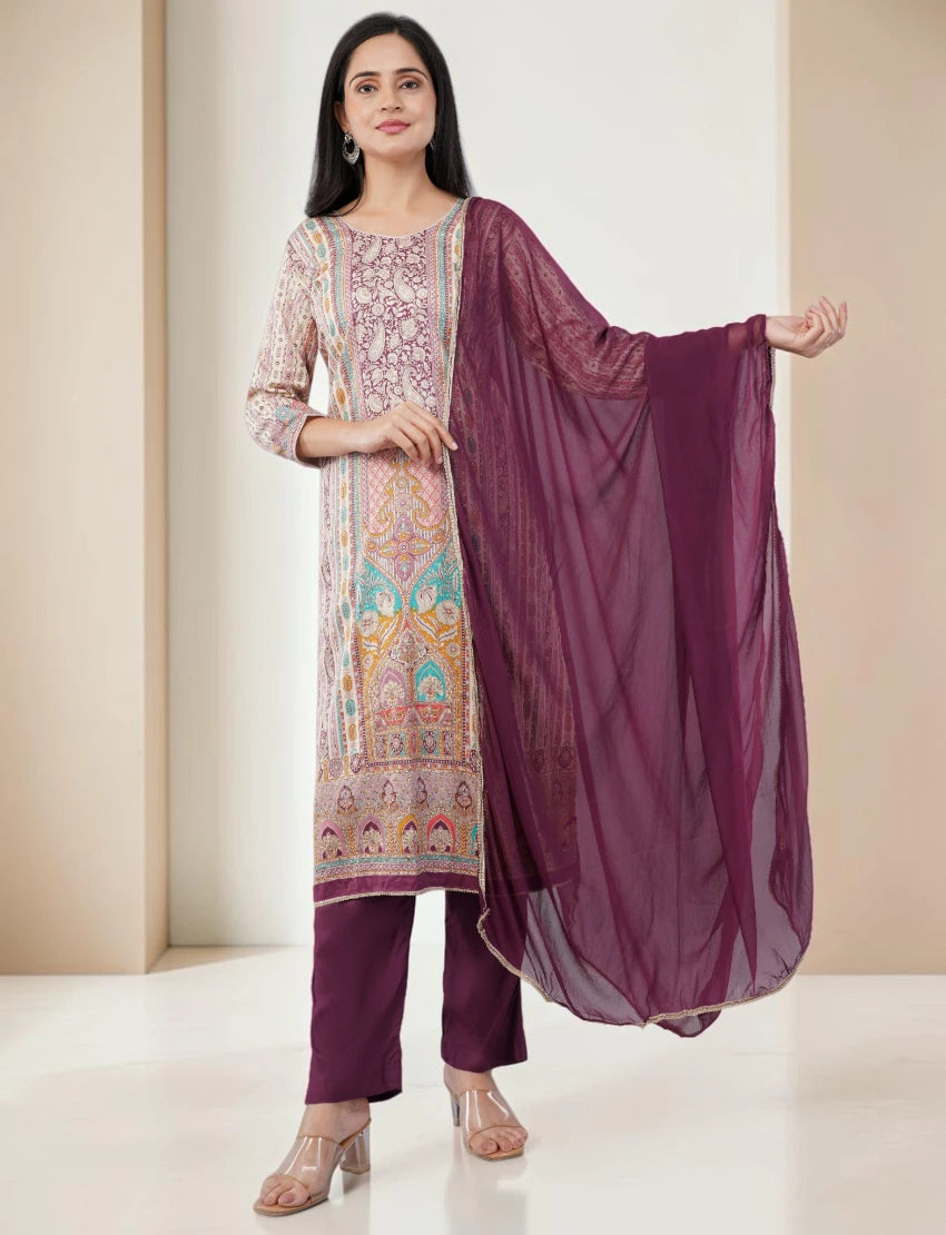 PURPLE PRINTED SILK BLEND SALWAR SUIT SET