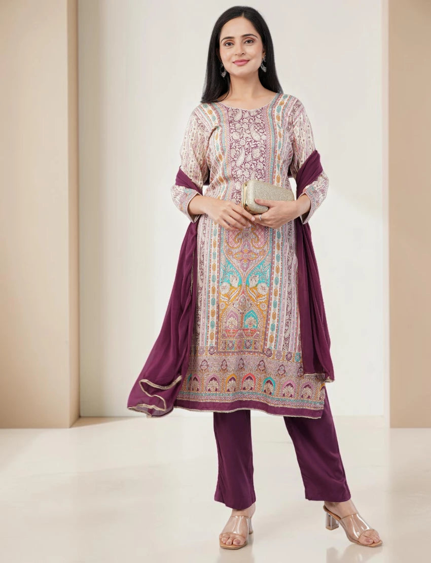 PURPLE PRINTED SILK BLEND SALWAR SUIT SET