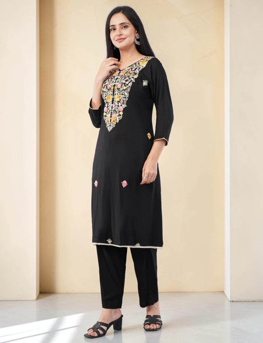 BLACK COTTON SALWAR SUIT SET WITH FLORAL EMBROIDERY