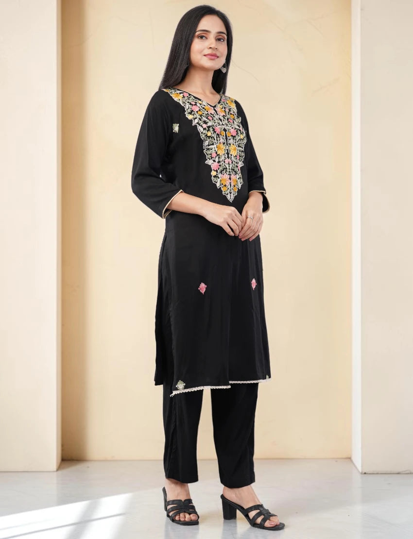 BLACK COTTON SALWAR SUIT SET WITH FLORAL EMBROIDERY