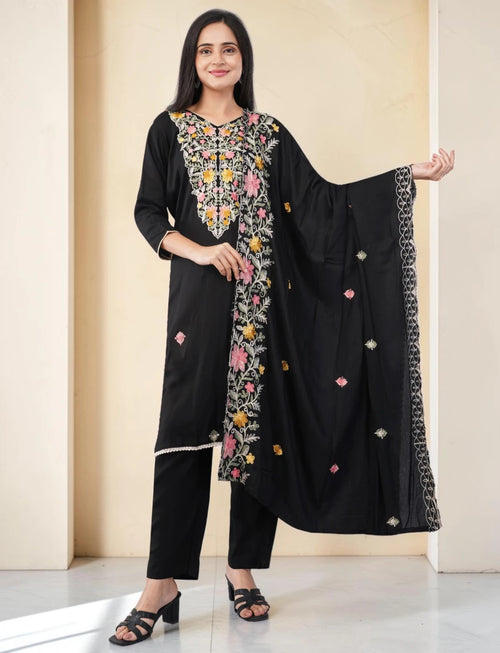 BLACK COTTON SALWAR SUIT SET WITH FLORAL EMBROIDERY