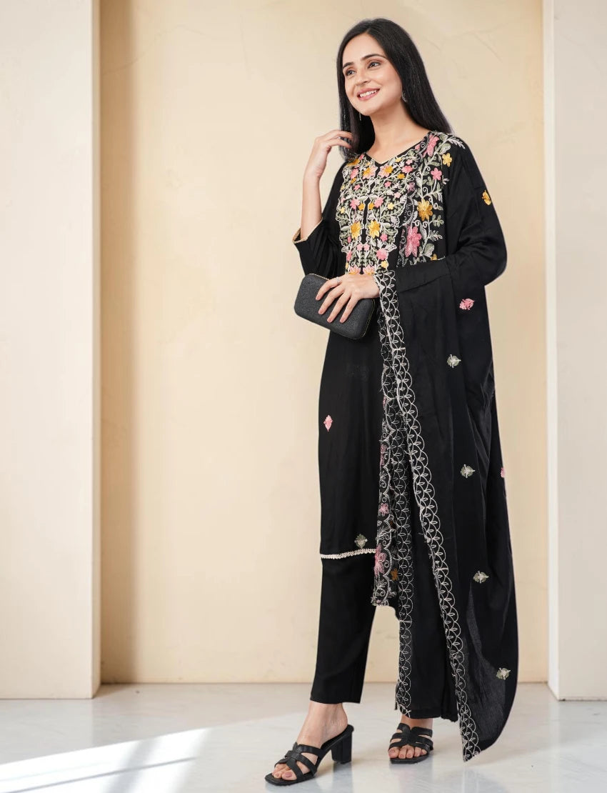 BLACK COTTON SALWAR SUIT SET WITH FLORAL EMBROIDERY