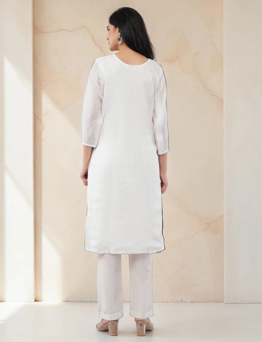 WHITE COTTON BLEND SALWAR SUIT SET WITH FLORAL EMBROIDERY