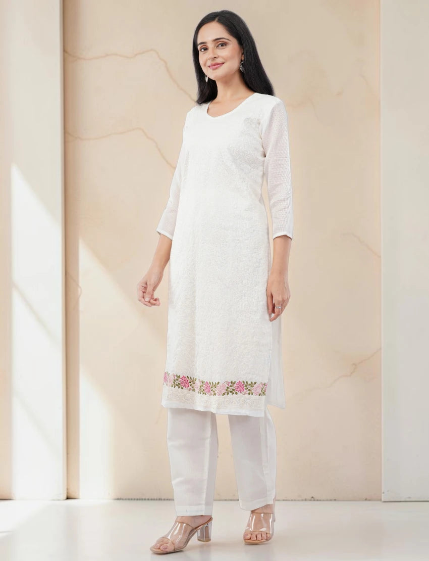 WHITE COTTON BLEND SALWAR SUIT SET WITH FLORAL EMBROIDERY