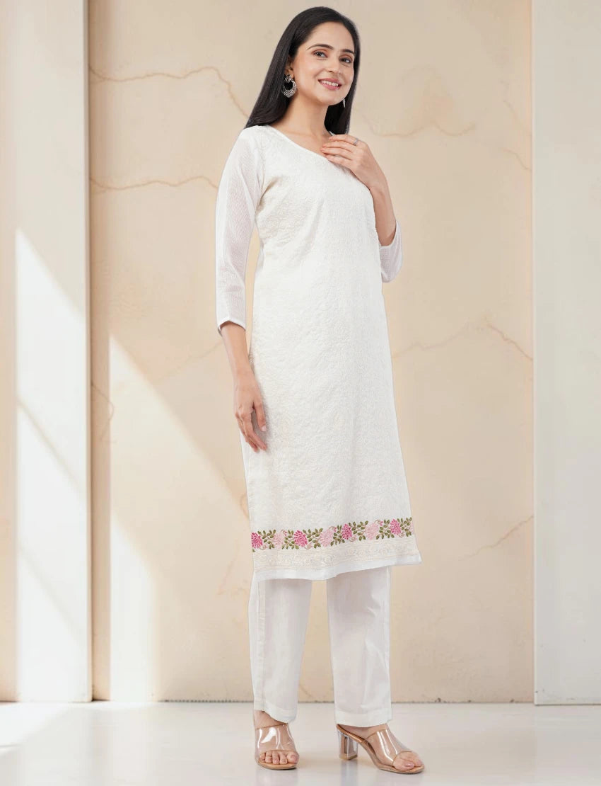 WHITE COTTON BLEND SALWAR SUIT SET WITH FLORAL EMBROIDERY