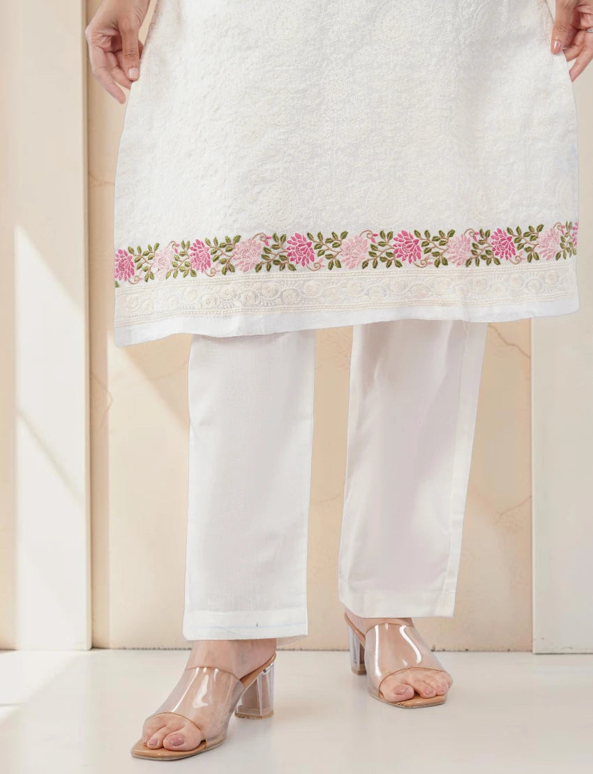 WHITE COTTON BLEND SALWAR SUIT SET WITH FLORAL EMBROIDERY