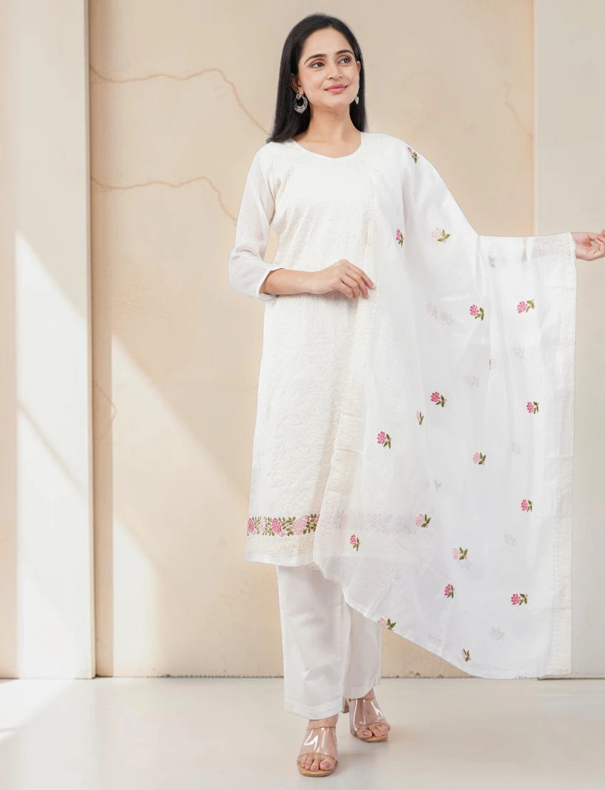 WHITE COTTON BLEND SALWAR SUIT SET WITH FLORAL EMBROIDERY