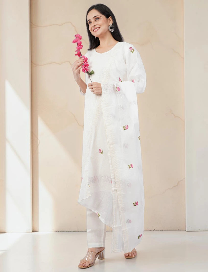 WHITE COTTON BLEND SALWAR SUIT SET WITH FLORAL EMBROIDERY