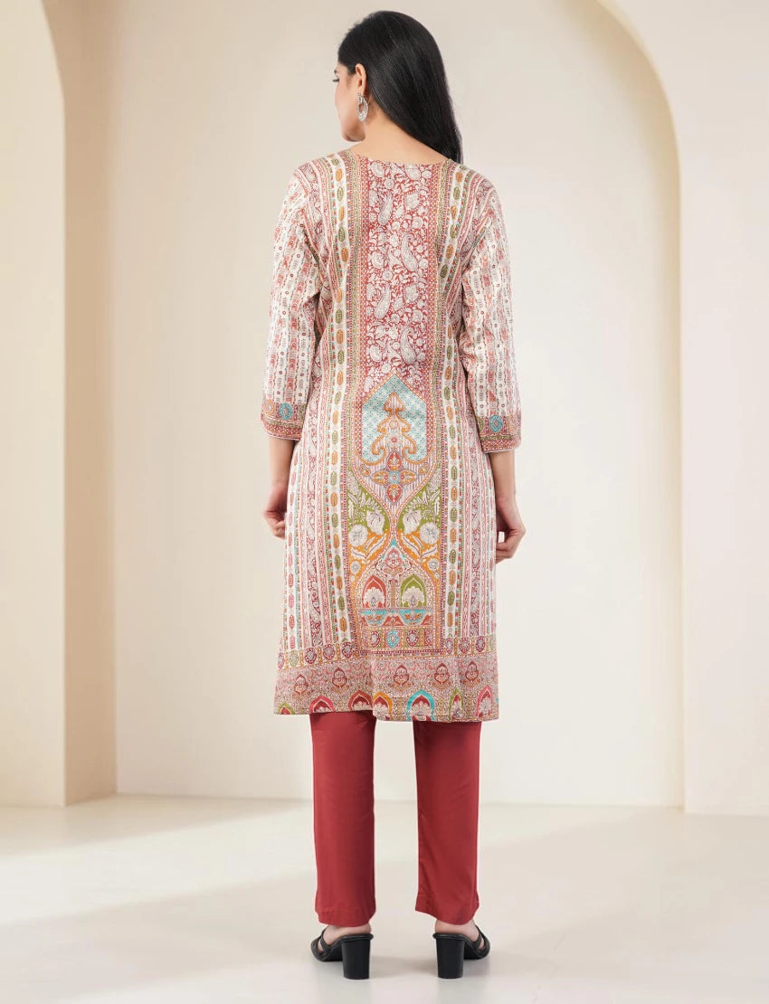 RED AND WHITE PRINTED SILK BLEND SALWAR SUIT SET