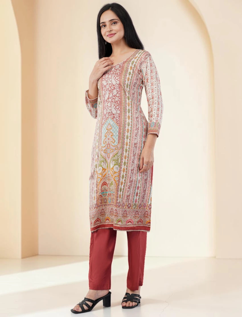 RED AND WHITE PRINTED SILK BLEND SALWAR SUIT SET