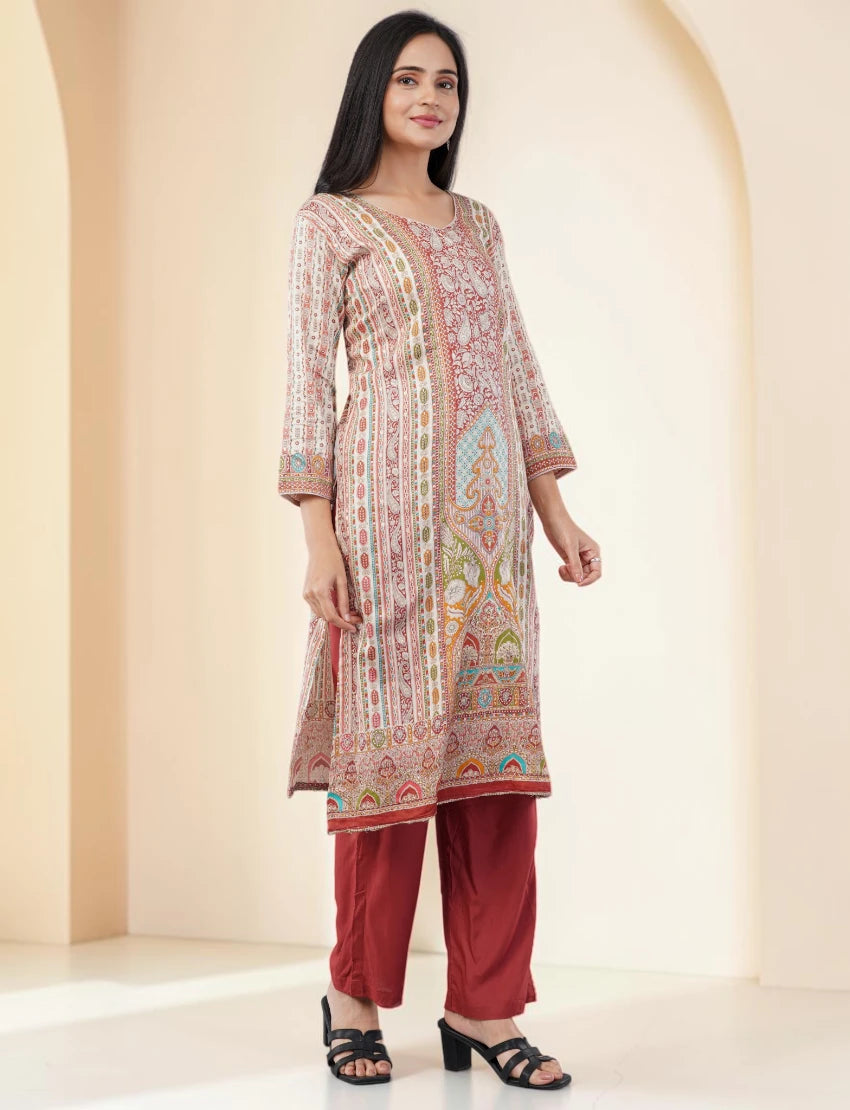RED AND WHITE PRINTED SILK BLEND SALWAR SUIT SET