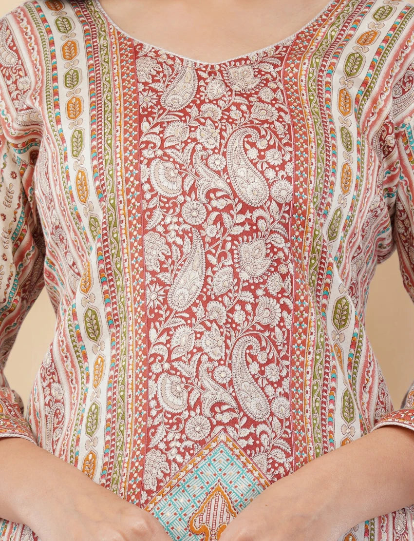 RED AND WHITE PRINTED SILK BLEND SALWAR SUIT SET