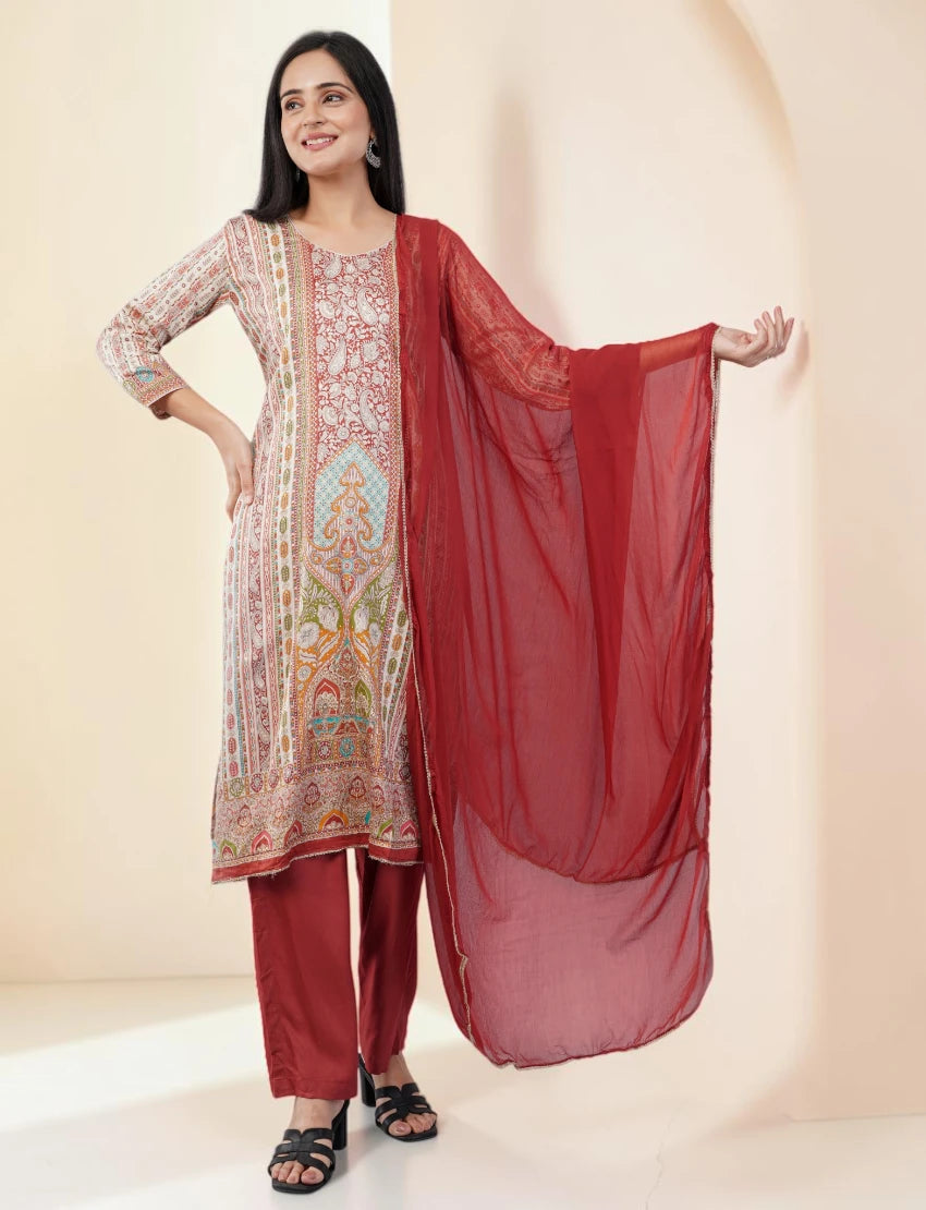 RED AND WHITE PRINTED SILK BLEND SALWAR SUIT SET