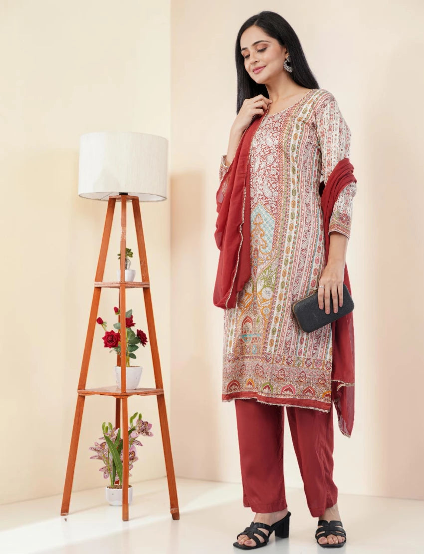 RED AND WHITE PRINTED SILK BLEND SALWAR SUIT SET