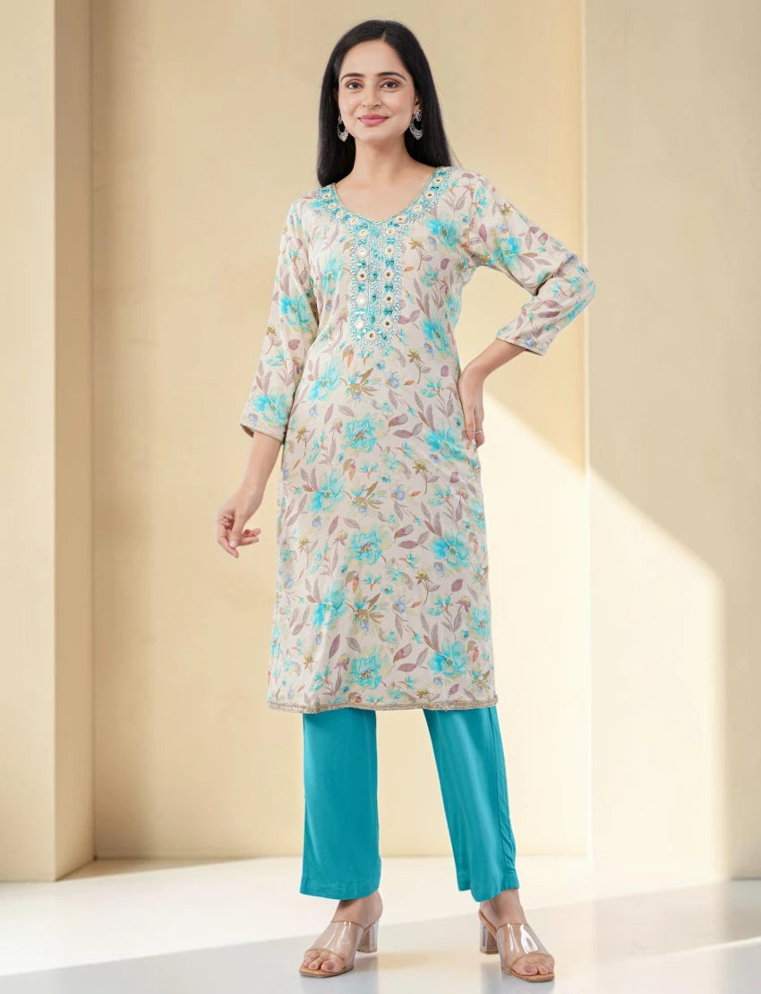 TURQUOISE EMBROIDERED COTTON SALWAR SUIT SET