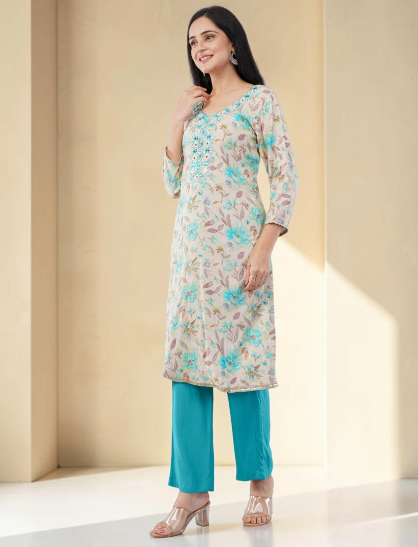 TURQUOISE EMBROIDERED COTTON SALWAR SUIT SET
