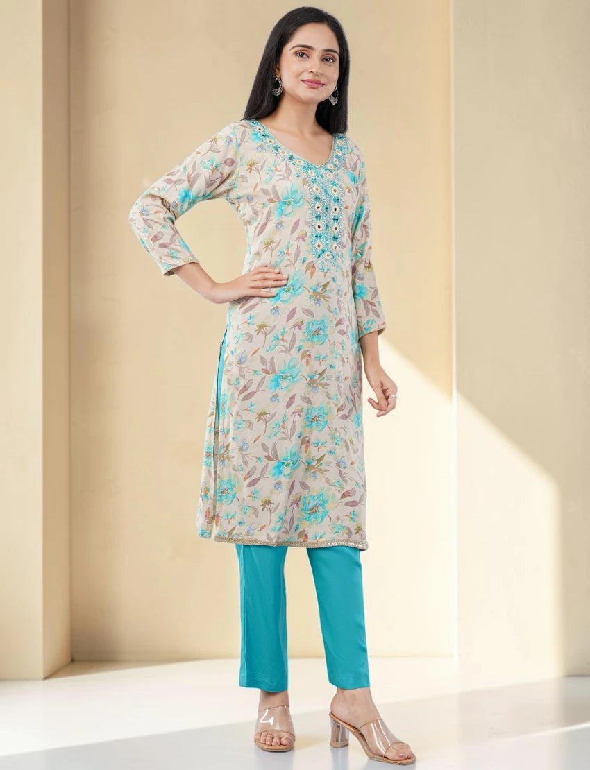 TURQUOISE EMBROIDERED COTTON SALWAR SUIT SET
