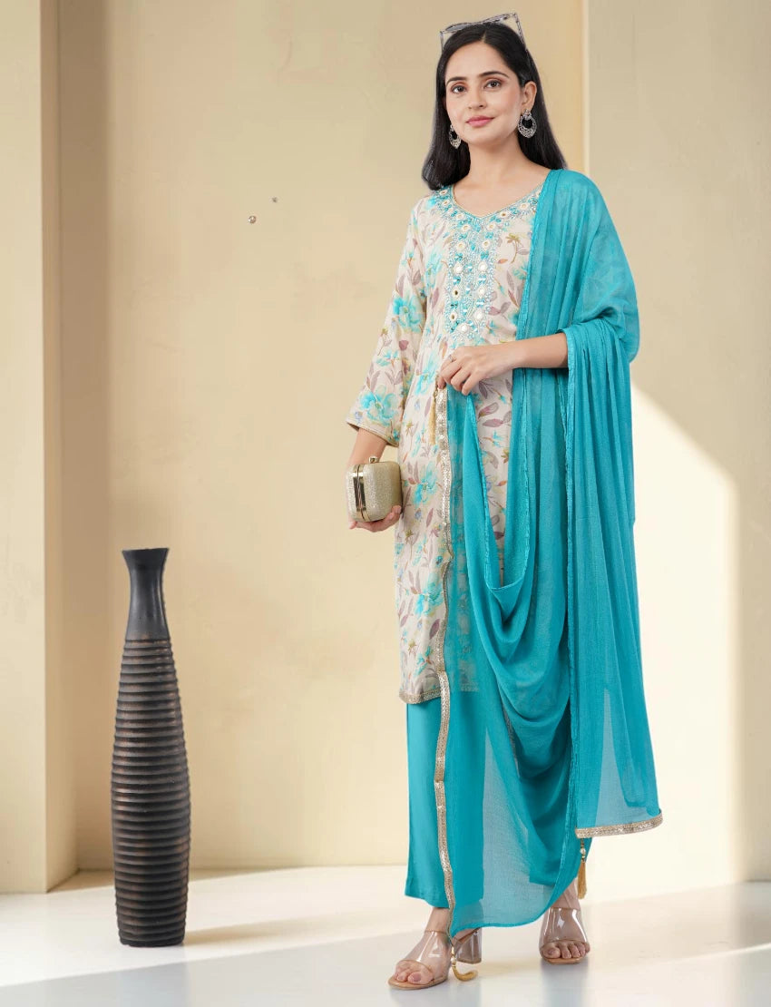 TURQUOISE EMBROIDERED COTTON SALWAR SUIT SET