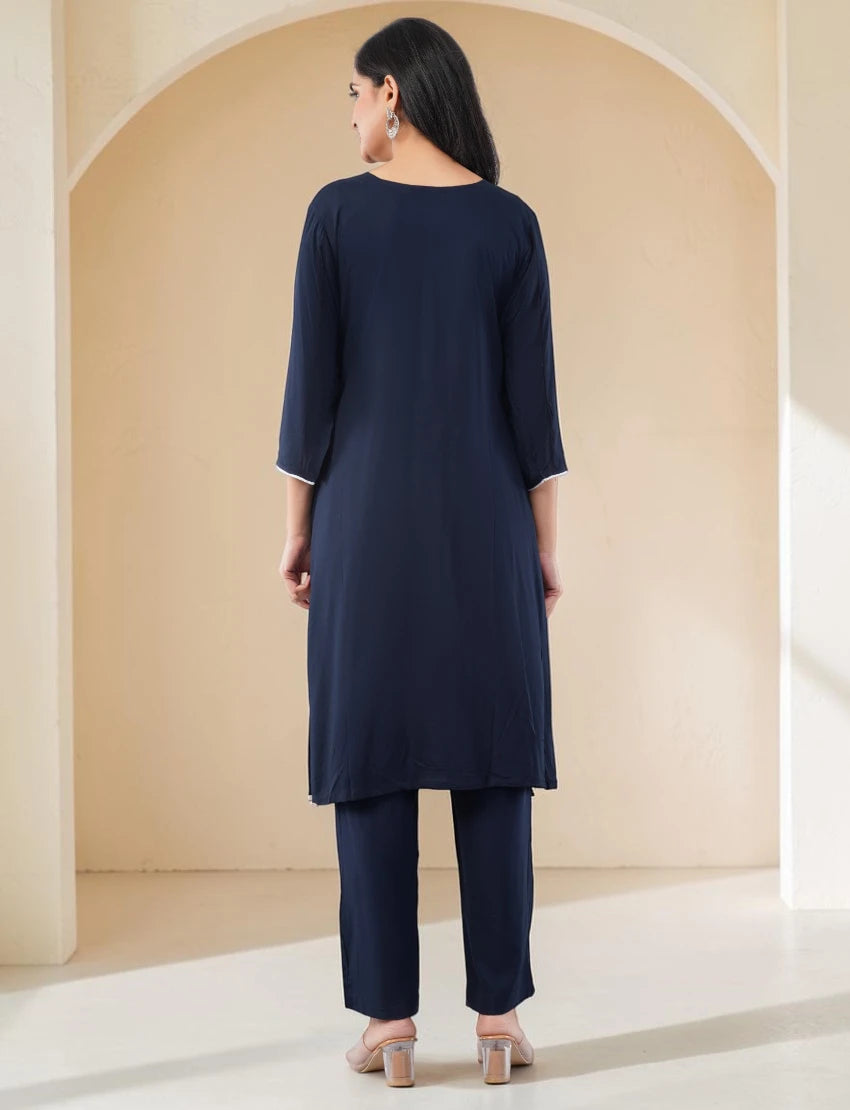 NAVY-BLUE EMBROIDERED COTTON SALWAR SUIT SET WITH FLORAL DESIGN