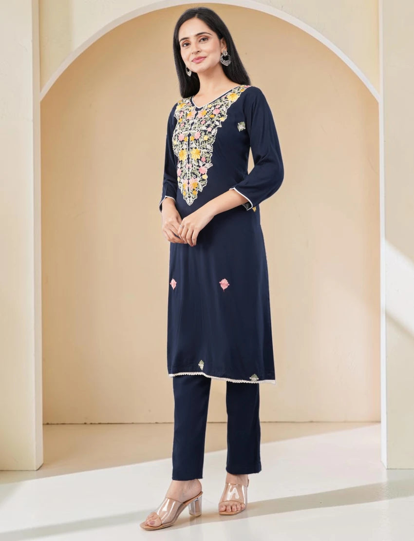 NAVY-BLUE EMBROIDERED COTTON SALWAR SUIT SET WITH FLORAL DESIGN