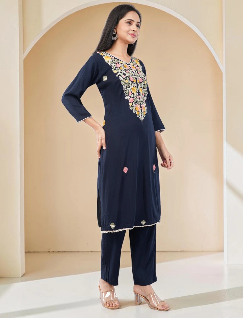 NAVY-BLUE EMBROIDERED COTTON SALWAR SUIT SET WITH FLORAL DESIGN