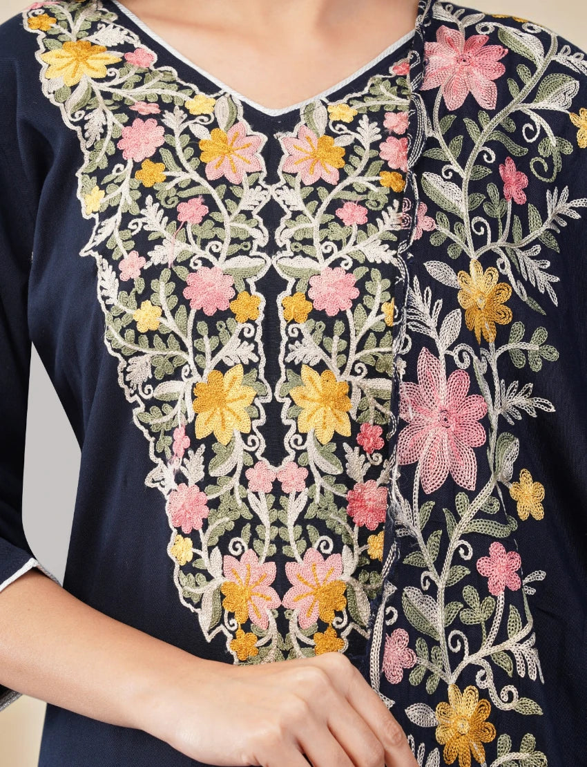 NAVY-BLUE EMBROIDERED COTTON SALWAR SUIT SET WITH FLORAL DESIGN