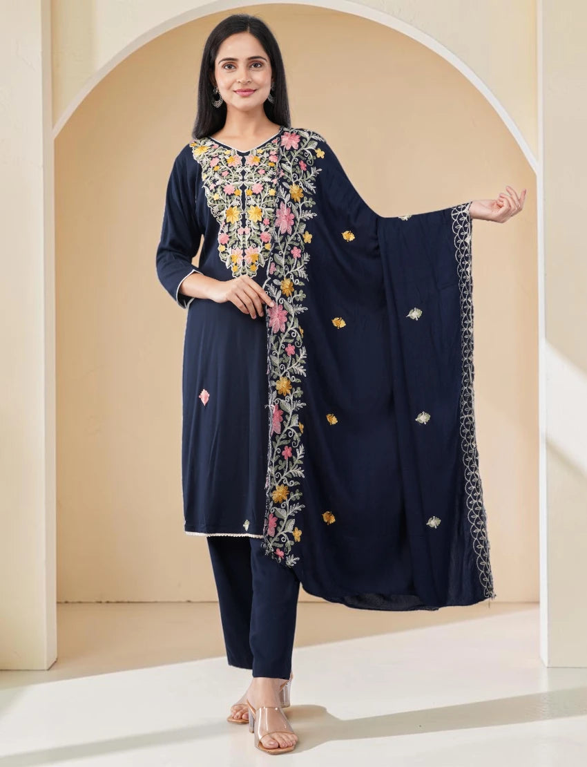 NAVY-BLUE EMBROIDERED COTTON SALWAR SUIT SET WITH FLORAL DESIGN