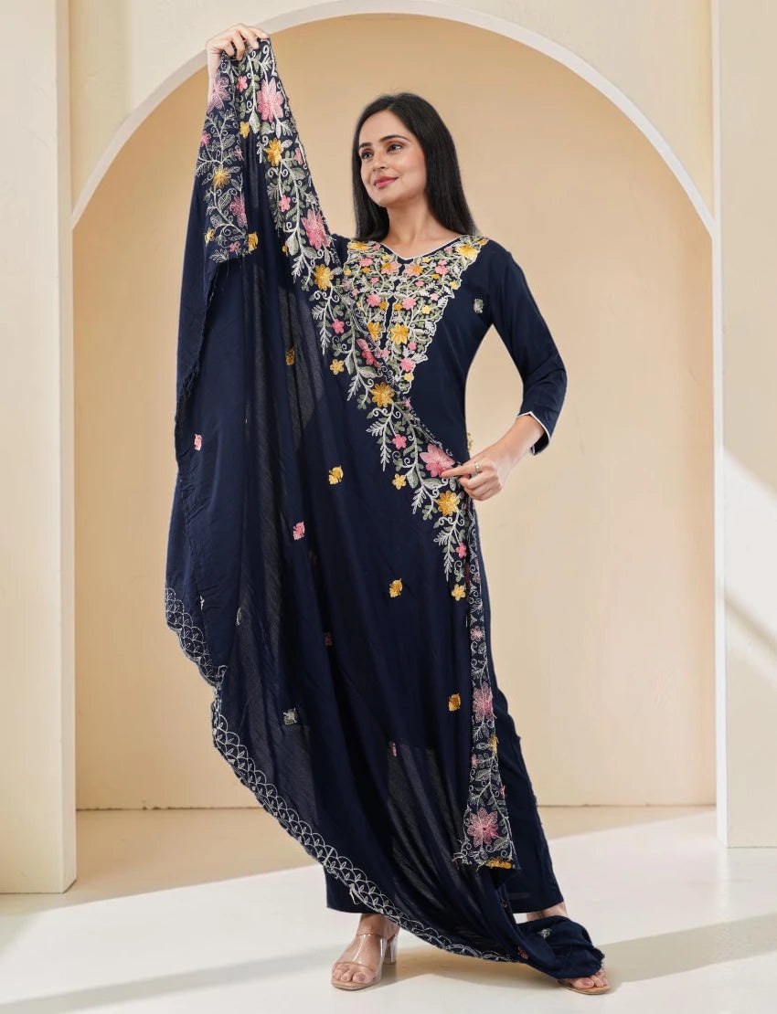 NAVY-BLUE EMBROIDERED COTTON SALWAR SUIT SET WITH FLORAL DESIGN