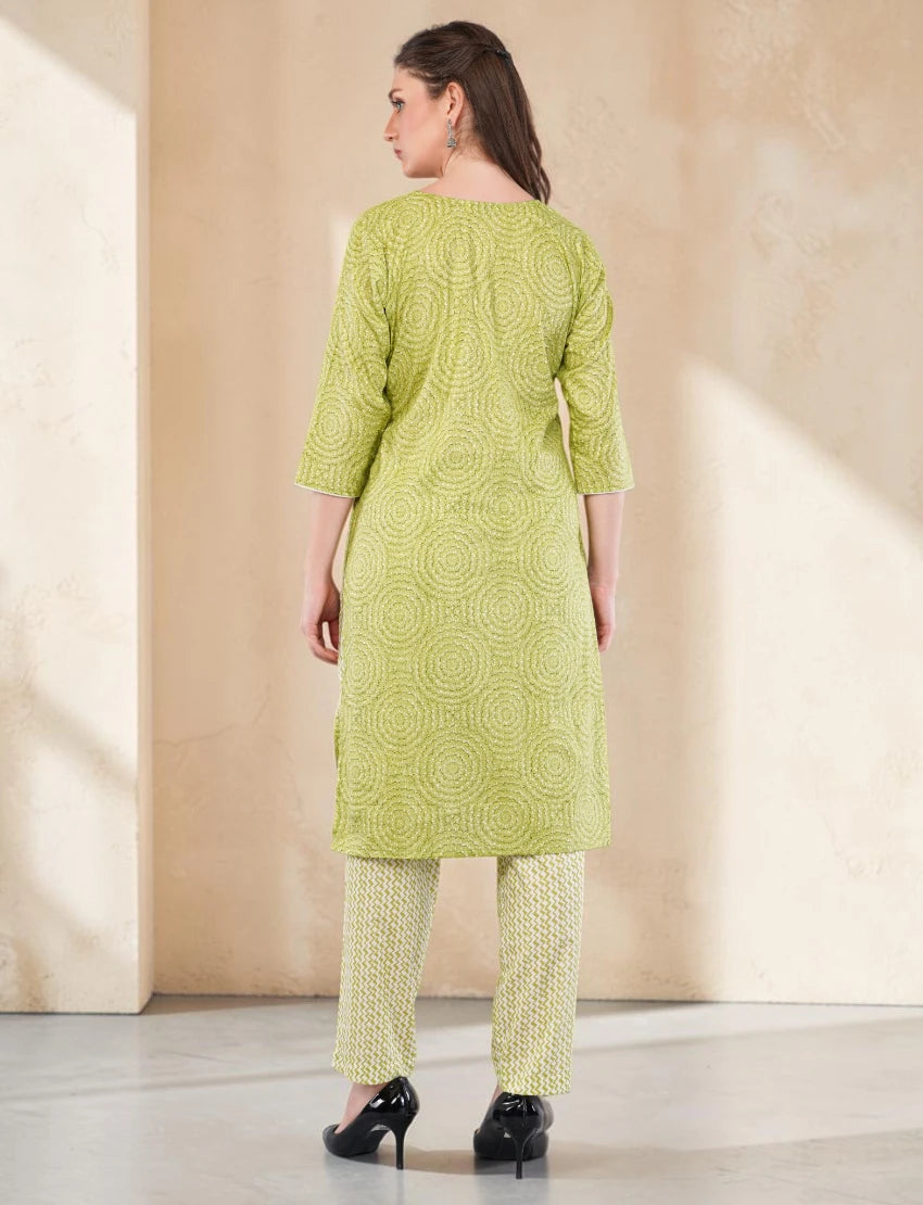 Women's Cotton Salwar Suit Set, Green Printed Kurta with Geometric Pattern Dupatta, 3/4 Sleeve
