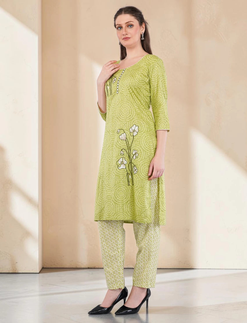 Women's Cotton Salwar Suit Set, Green Printed Kurta with Geometric Pattern Dupatta, 3/4 Sleeve