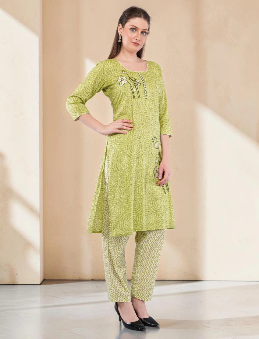 Women's Cotton Salwar Suit Set, Green Printed Kurta with Geometric Pattern Dupatta, 3/4 Sleeve