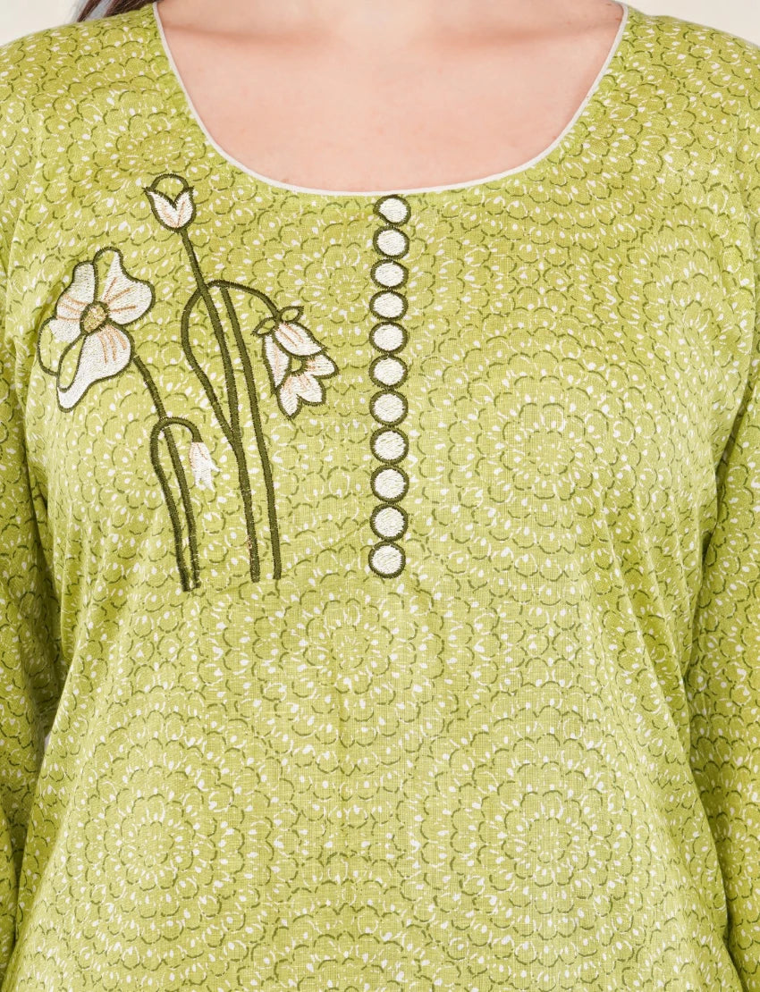 Women's Cotton Salwar Suit Set, Green Printed Kurta with Geometric Pattern Dupatta, 3/4 Sleeve