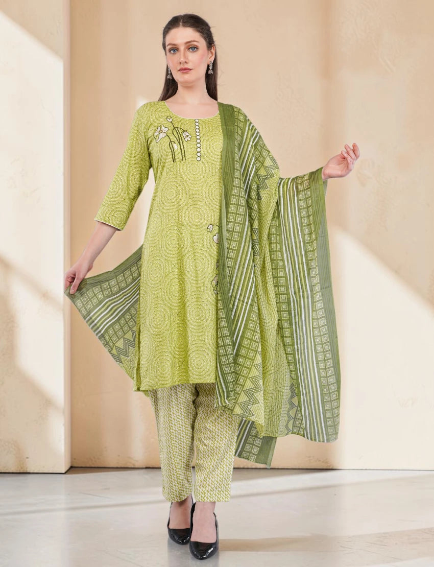 Women's Cotton Salwar Suit Set, Green Printed Kurta with Geometric Pattern Dupatta, 3/4 Sleeve