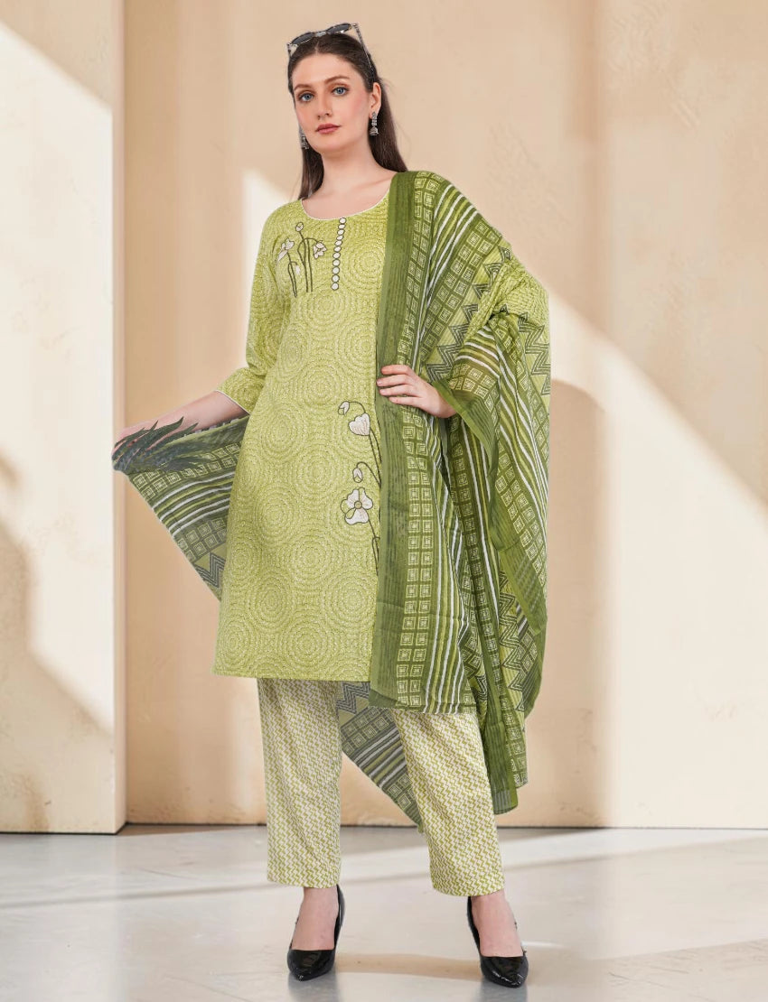 Women's Cotton Salwar Suit Set, Green Printed Kurta with Geometric Pattern Dupatta, 3/4 Sleeve