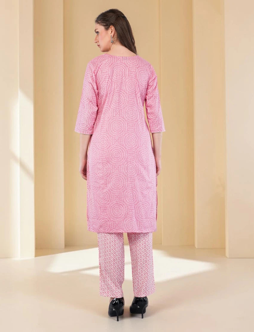 Cotton Salwar Suit Set with Printed Kurta, Pant and Dupatta, Pink