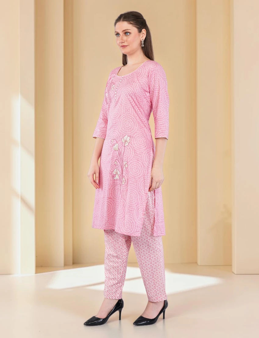 Cotton Salwar Suit Set with Printed Kurta, Pant and Dupatta, Pink