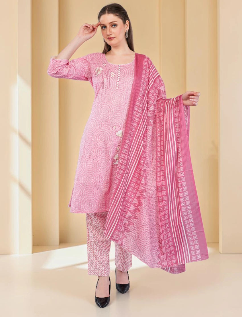 Cotton Salwar Suit Set with Printed Kurta, Pant and Dupatta, Pink