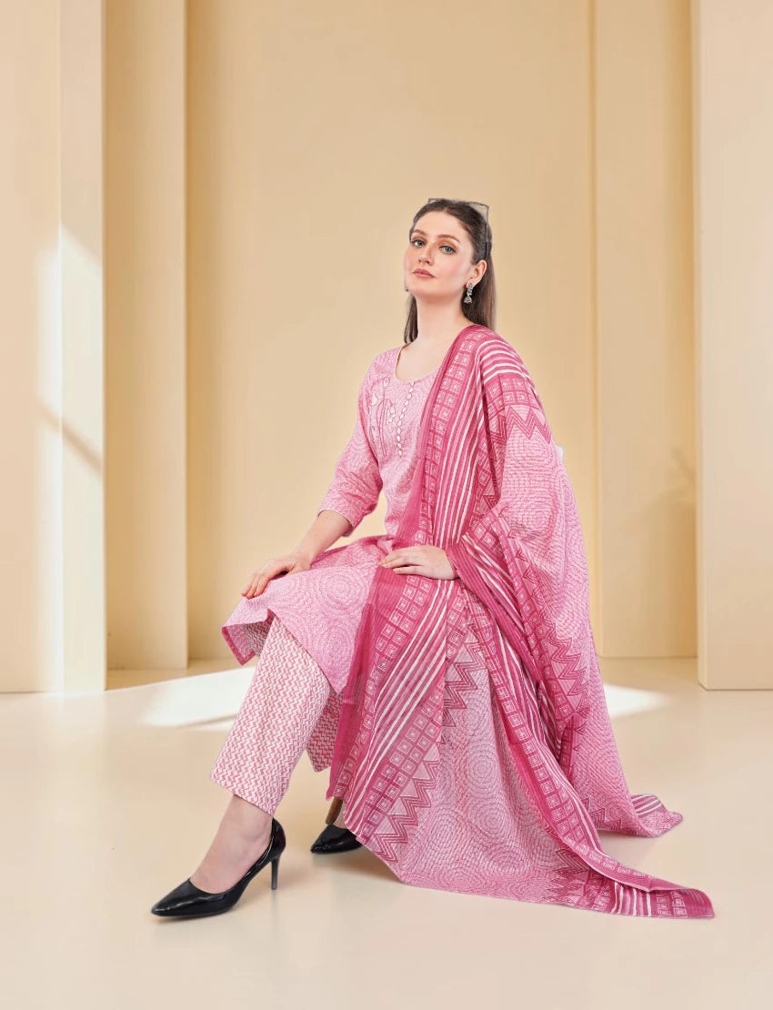 Cotton Salwar Suit Set with Printed Kurta, Pant and Dupatta, Pink