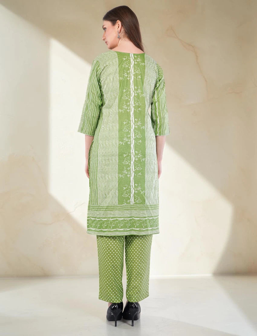 Cotton Salwar Kameez Suit Set, Green Printed, 3-Piece with Floral Dupatta