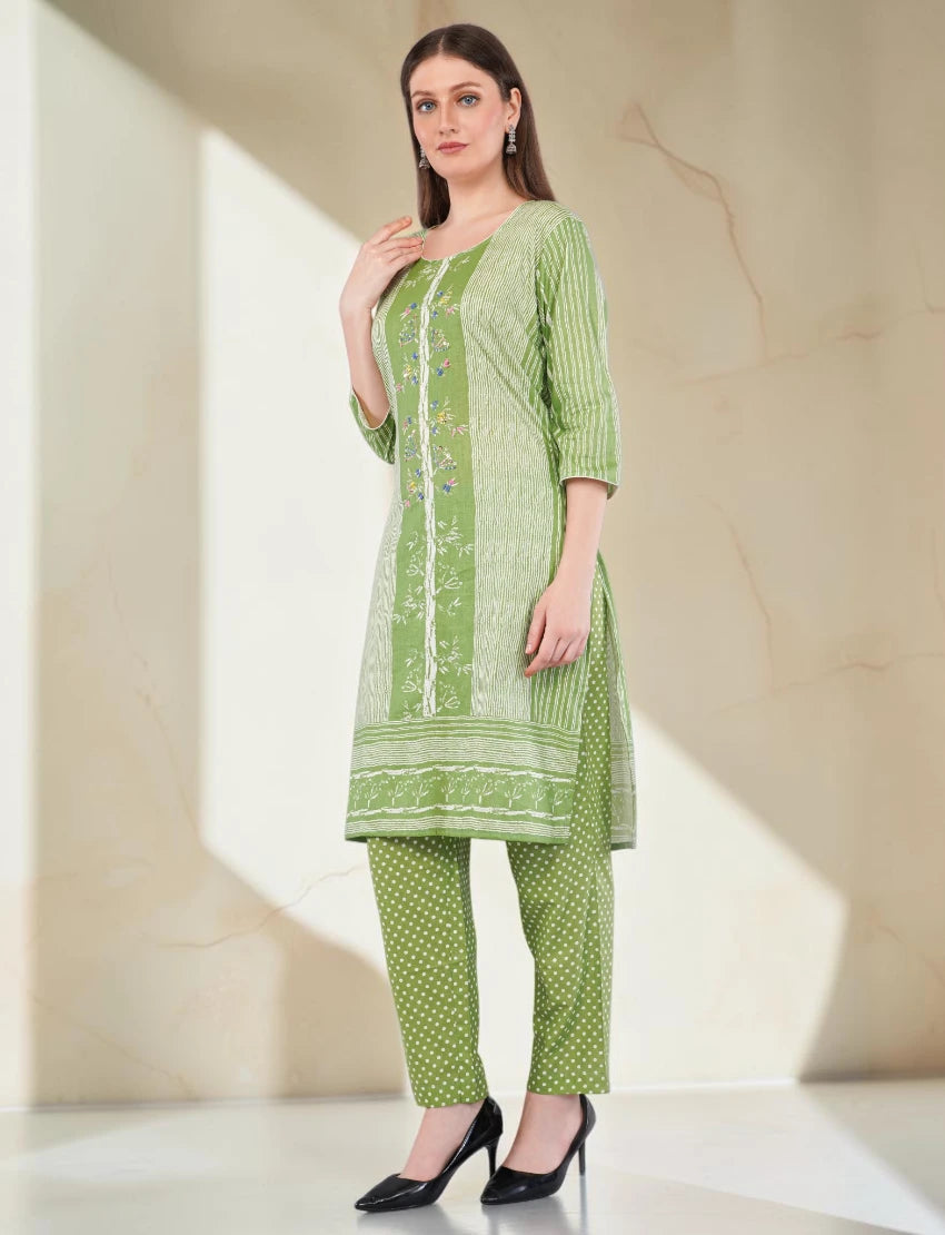 Cotton Salwar Kameez Suit Set, Green Printed, 3-Piece with Floral Dupatta