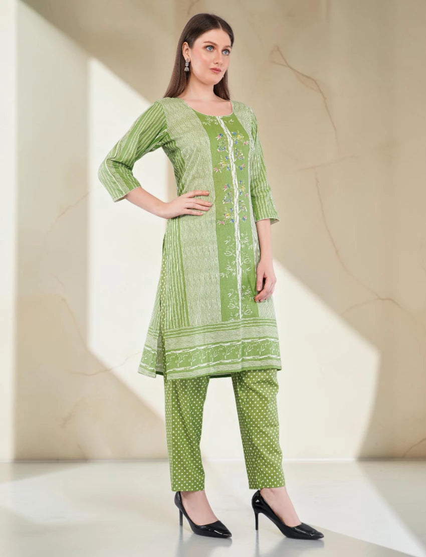 Cotton Salwar Kameez Suit Set, Green Printed, 3-Piece with Floral Dupatta