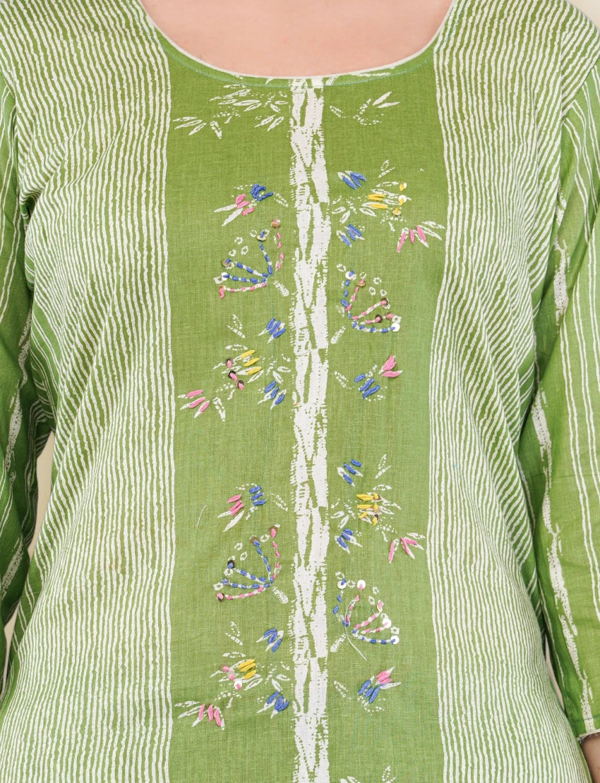 Cotton Salwar Kameez Suit Set, Green Printed, 3-Piece with Floral Dupatta