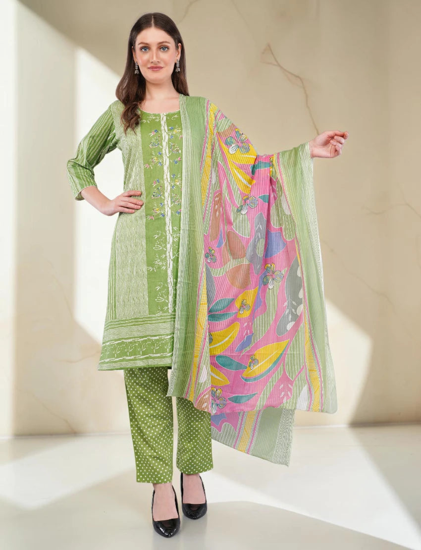 Cotton Salwar Kameez Suit Set, Green Printed, 3-Piece with Floral Dupatta