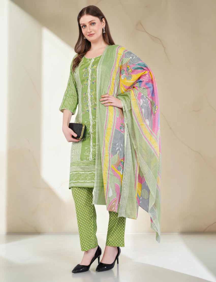 Cotton Salwar Kameez Suit Set, Green Printed, 3-Piece with Floral Dupatta