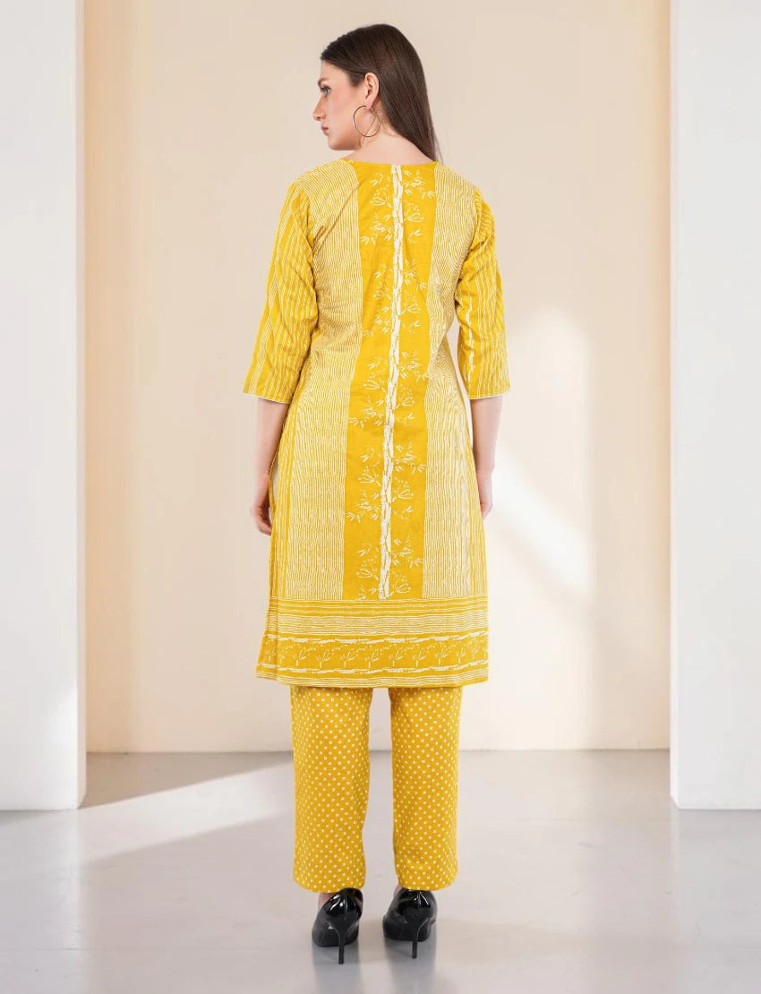 Cotton Salwar Suit with Floral Dupatta, Yellow Printed Dress Set, Indian Ethnic Wear